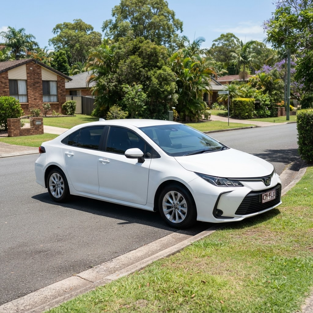 A clean dual-control driving lesson car parked on a quiet Caboolture street