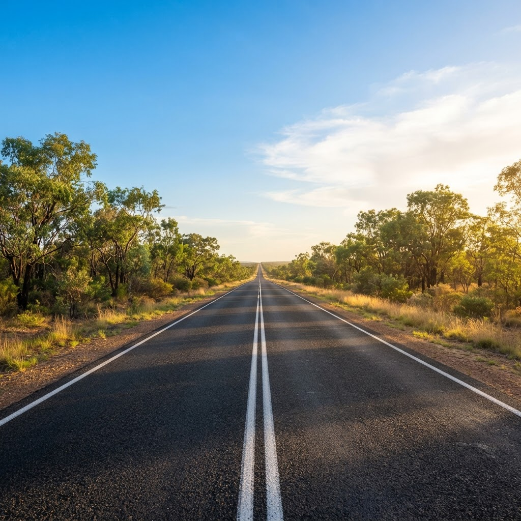 Open Queensland road stretching into the horizon under a bright blue sky