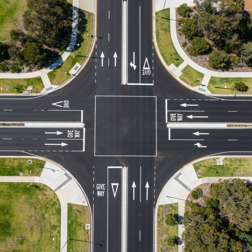 Bird's eye view of an empty Australian road intersection