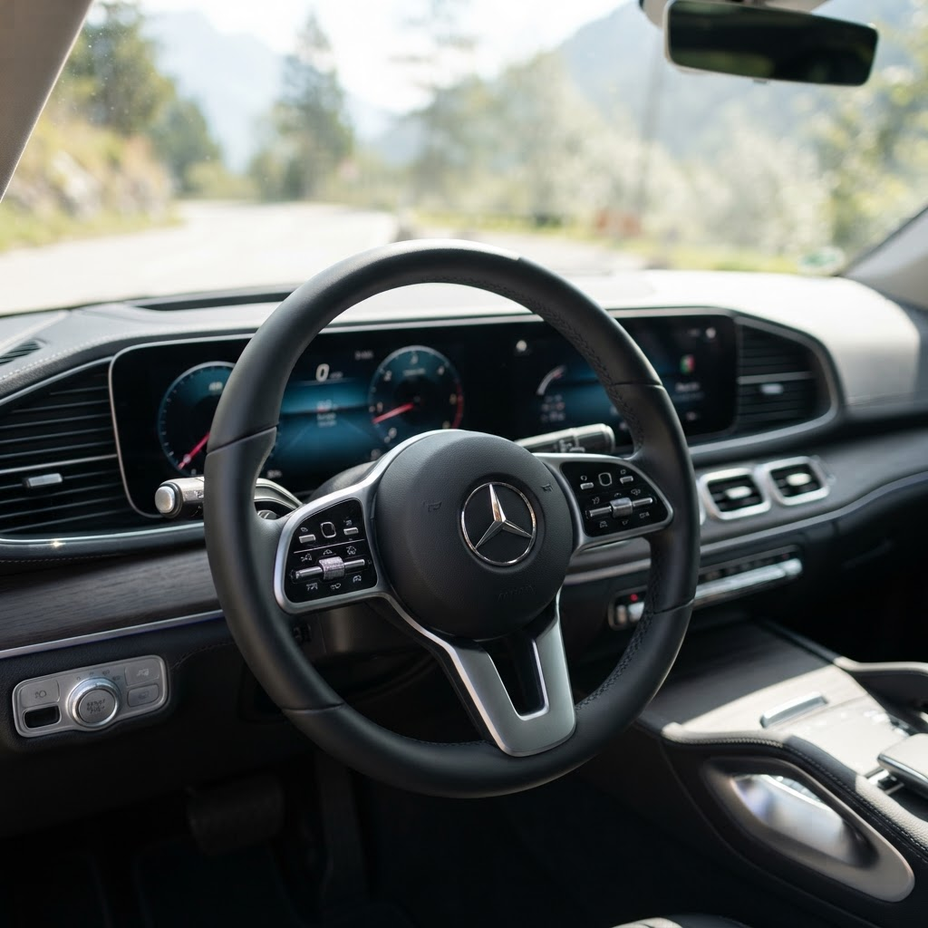 Steering wheel and dashboard of a modern lesson car