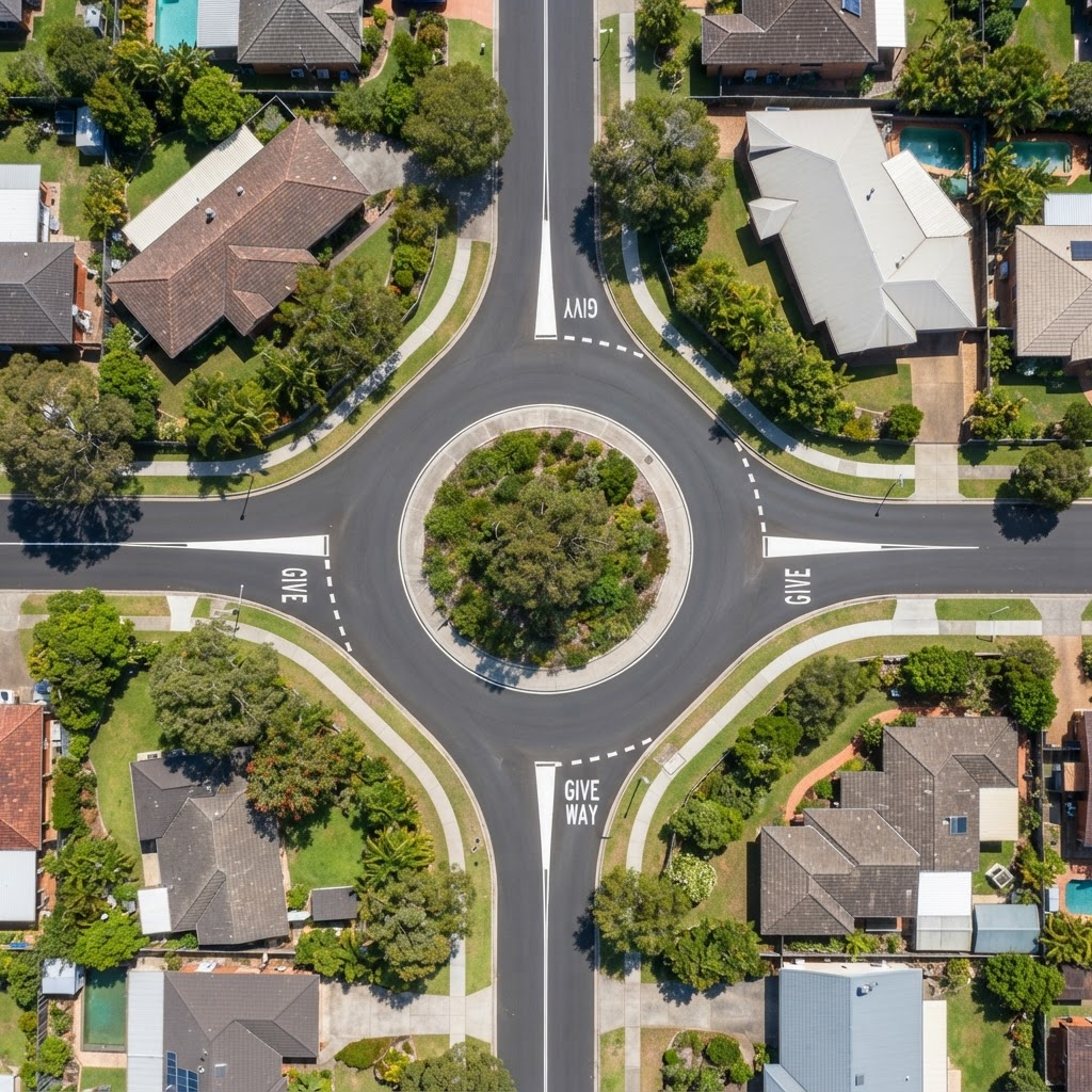 Empty Australian road roundabout with crisp lane markings